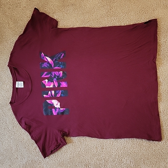 PINK Victoria's Secret Tops - Maroon Floral PINK Logo T-Shirt Medium